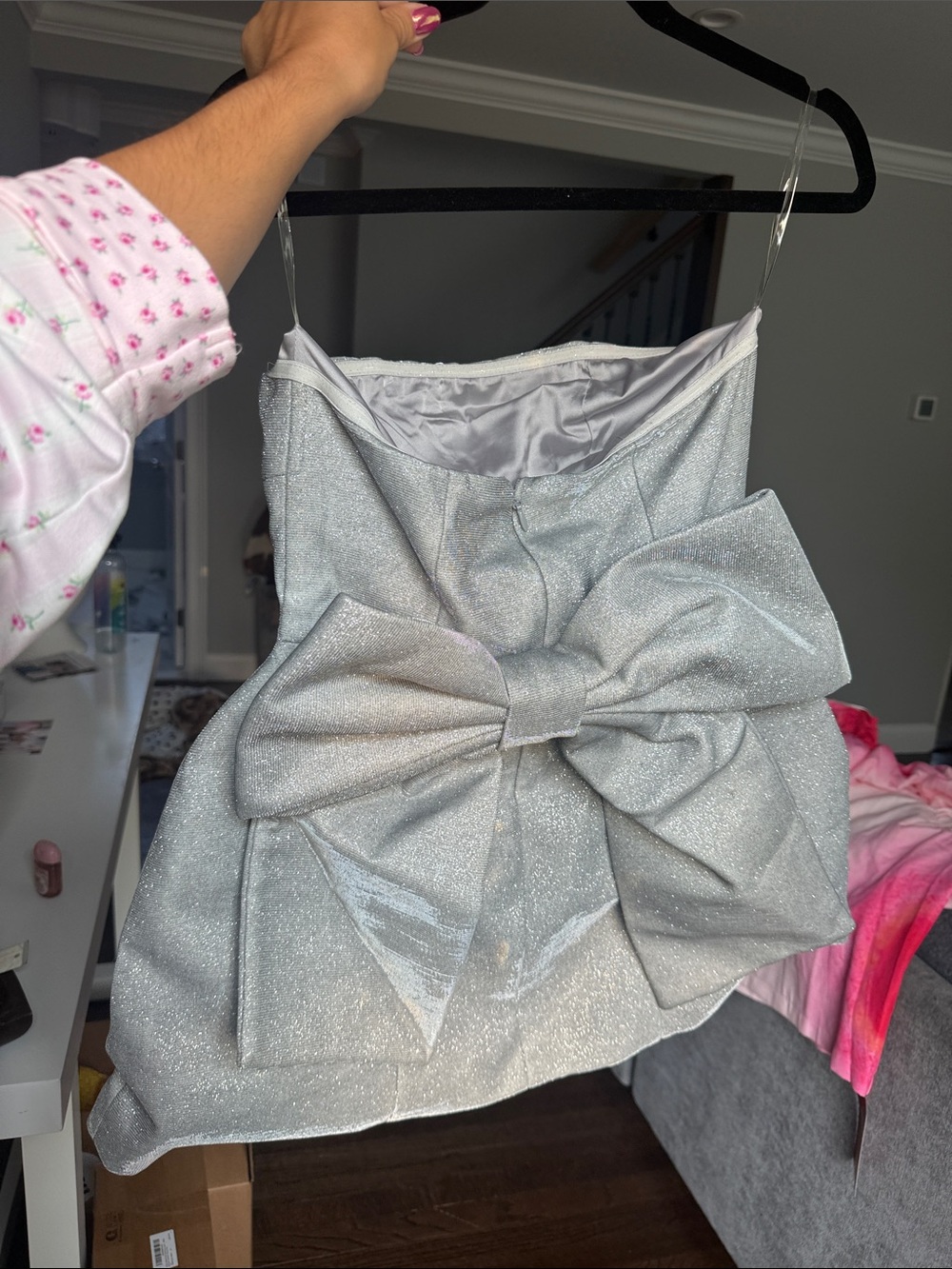 Shimmery Silver Bow-Accent Mini Skirt